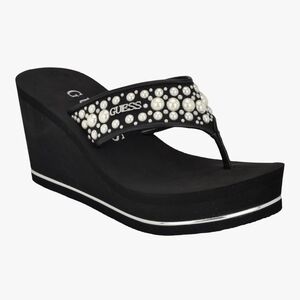 GUESS Black Wedge Sandals with Pearl Embellishments